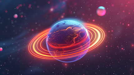 3d Isometric planet glowing rings cosmic fantasy