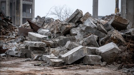 Beautiful photo of concrete Debris Piles on the Ground, Demolition Waste and Construction Material.