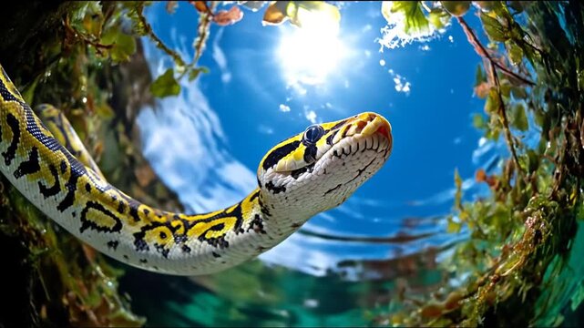 Majestic Burmese python snake swimming partially submerged in clear freshwater with dappled sunlight shimmering through the surface from above