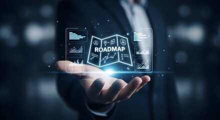 A businessman in a suit presents a digital roadmap with charts and graphs floating above his open hand, symbolizing strategy and planning.