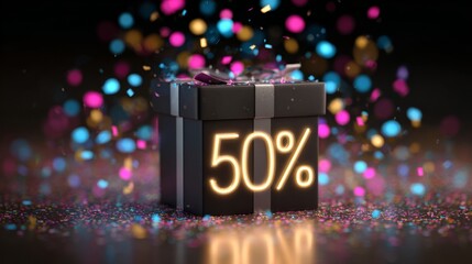 Black gift box with glowing 50 percent discount sign surrounded by colorful confetti creating a festive celebration scene for special sale promotion and seasonal offer announcement