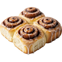 Fototapeta premium A cluster of four sweet cinnamon rolls, generously topped with creamy white frosting.
