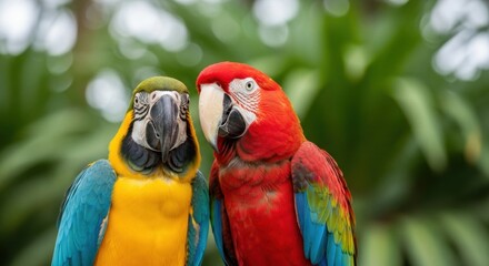 Fototapeta premium Vibrant Macaw Duo: A Close-Up Portrait of Scarlet and Blue-and-Gold Parrots