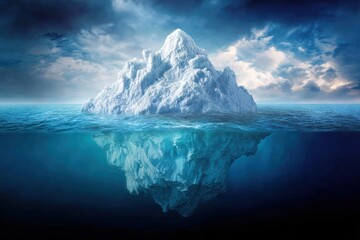 Fototapeta premium A massive iceberg floats in the open ocean, hidden danger and global warming, white ice above the water and the deep blue mass submerged below