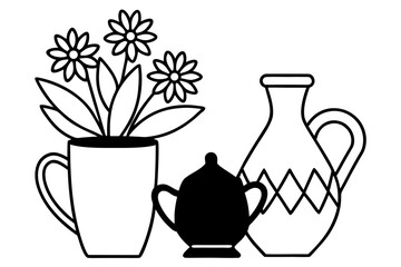 Still life with a vase of flowers, a cup of tea, and a ceramic milk jug illustration