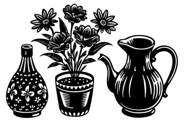 Ancient clay pottery pitcher with colorful flowers