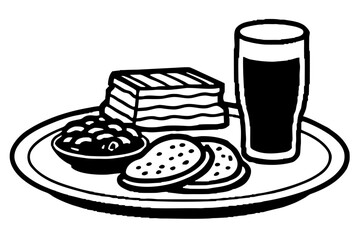 Vector illustration of a delicious sweet breakfast with a glass of beer, sandwich, and brown chocolate cookies on a white plate