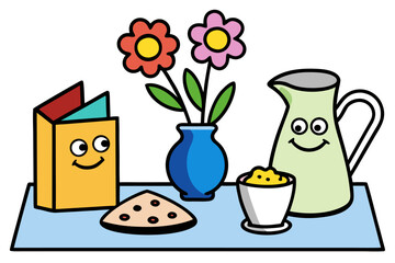 Still life art set with yellow tulips, flowers, eggs, and milk in a jug for a spring breakfast illustration