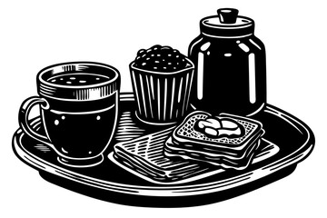 Cup of hot black coffee with chocolate cookies on a white breakfast table