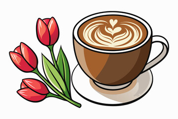 Hot cup of coffee or cappuccino with blooming tulips and sweet breakfast food on a plate