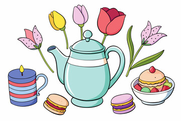 Pink vintage vector illustration set of Easter icons and flowers with a sweet breakfast tea cup