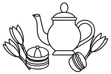 Porcelain teapot, teacup, and ceramic flowers isolated on white background