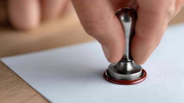 Traditional process of applying wax seal, close up of formal hand pressing vintage stamp onto letter for document authentication, conveying importance and authenticity