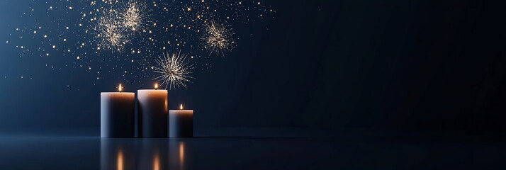 Elegant banner with fireworks on a midnight blue solid background. Horizontal wide web Chinese New Year backdrop with copy space, social media template, traditional festive elements