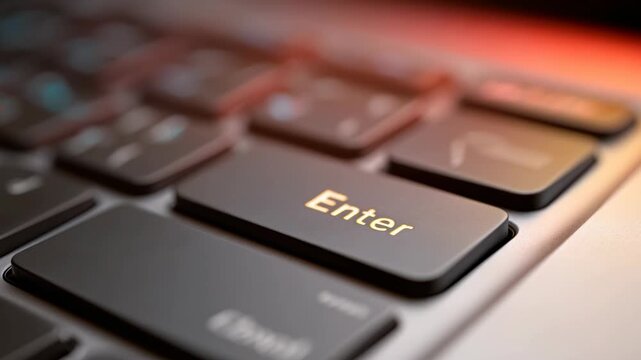 Finger pressing gold enter key on modern laptop keyboard represents decisive action. Pushing an important button on computer symbolizes online access with technology