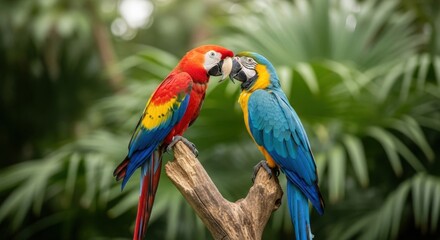 Naklejka premium Vibrant Macaw Pair: A Colorful Encounter on a Branch in Lush Greenery