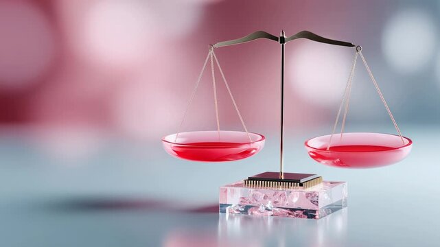 Red scale of justice, solemn legal symbol representing law and equality, carries significant weight of judgement through delicate balance of fairness and impartiality