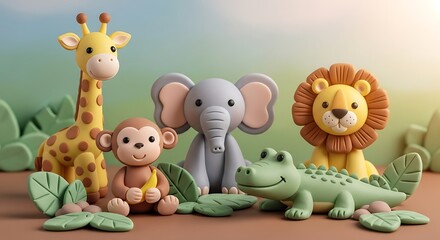 Naklejka premium Cute Animal Figures Collection with Giraffe Elephant Monkey Crocodile and Lion in Playful Scene