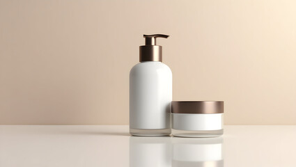 Develop sophisticated cosmetic jar mockup visuals with sleek container design modern label graphics and refined textures to elevate beauty product branding in professional environments. in  Photo Stoc