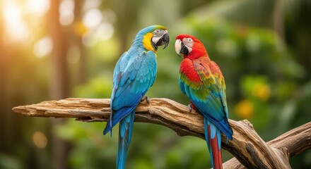Obraz premium Vibrant Macaw Pair Perched on Branch, Tropical Sunlight, Colorful Plumage, Exotic Birds