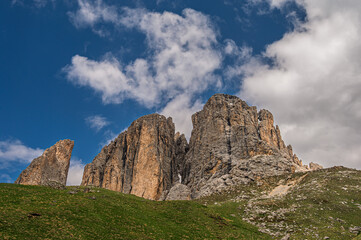 Sasso Lungo mountai range images with a cloudy sky in the background, Val di Fassa, Dolomites, Italy