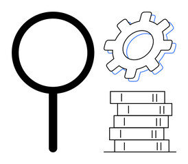 Magnifying glass symbolizing research, gear for problem-solving and efficiency, and a stack of books for learning. Ideal for innovation, workflow, education, planning, analysis, strategy process
