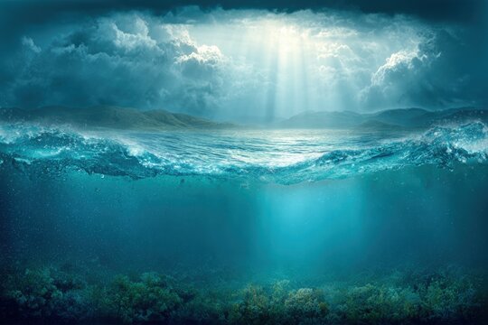 Dramatic split-level view of the turbulent ocean, sunlit deep blue water below with rays of light penetrating the depths, underwater scene