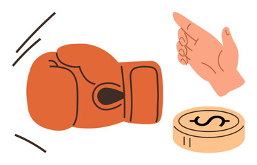Obraz premium Boxing glove in motion, pointing hand, and a coin with a dollar sign. Ideal for competition, decision-making, financial risk, conflict, opportunities strategy motivation. Simple flat metaphor