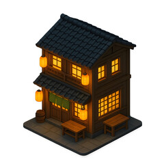 Traditional isometric japanese restaurant exterior night scene