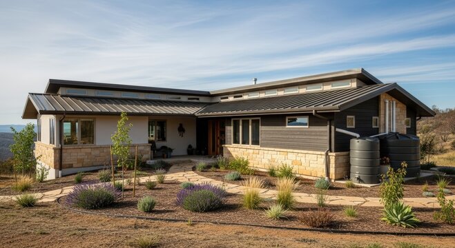Stunning modern home integrates rainwater collection system for sustainable living in a nature setting