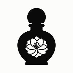 Black silhouette perfume bottle with white flower emblem