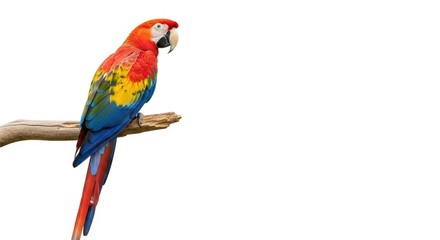 Fototapeta premium Vibrant Scarlet Macaw Perched on Branch, Isolated on White Background