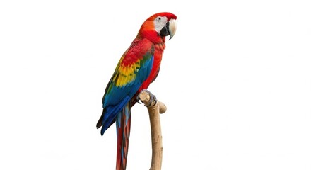 Obraz premium Vibrant Scarlet Macaw Perched on Branch, Isolated on White Background
