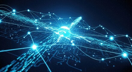 Futuristic network illustration connecting bright nodes across digital landscape for innovative tech solutions