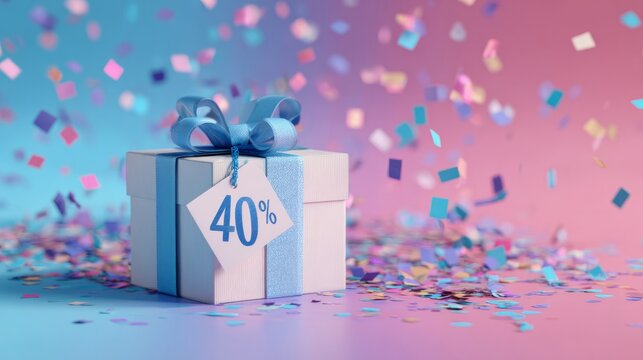 Festive gift box with blue ribbon and 40 percent discount tag surrounded by falling colorful confetti on vibrant pink and blue gradient background for celebration and sale promotion themes