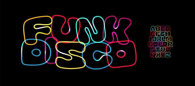 Rounded Squared Font Heavy Linear Alphabet Bold Outline Typeset Colorful Playful Letters for Funky Disco Logo Headline, Kids Birthday, Unusual Color Typographic Design. Vector Typeset