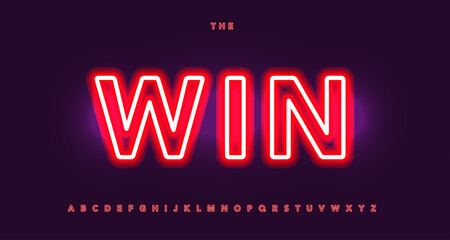 Online Casino Font Red Neon Alphabet, 3D Glowing Letters, Sans Serif Type for Glow Jackpot Bonus Win Prize Text Logo Headline, Gambling Typography on Purple Violet Background. Vector Typeset