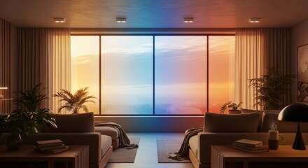 Fototapeta premium Stunning living room interior featuring panoramic views and elegant decor for modern home design inspiration