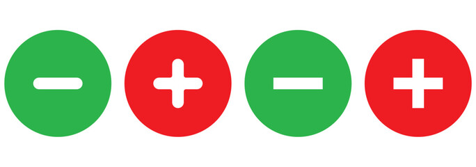 Obraz premium Plus and minus signs vector icons set. Mathematical symbols, add, subtract, right and wrong, pros and cons. 