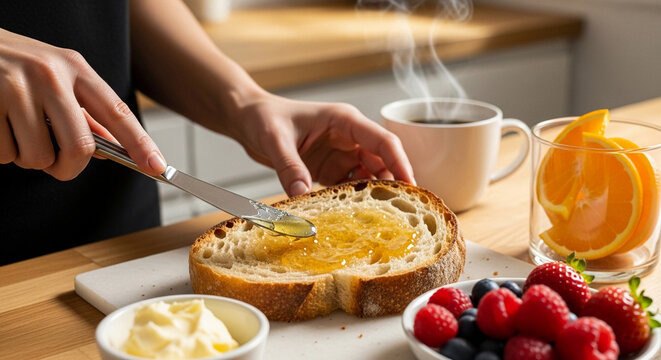Person&rsquo;s hand gently applying honey or jam onto freshly toasted sourdough bread, surrounded by butter, fruit, and a cup of coffee