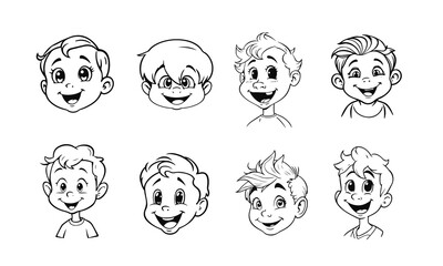 Cute kids faces set, cartoon children, emotional baby expressions, black white characters