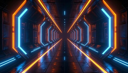 Futuristic neon-lit corridor with hexagonal panels, glowing in blue and orange tones, featuring metallic reflections and a deep vanishing point for immersive sci-fi atmosphere.