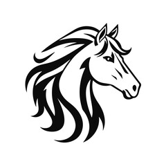 Horse logo template. Black and white silhouette of a horse head with a graceful mane. Elegant minimalist logo for branding, design and printing