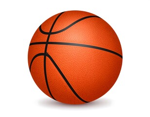 A textured, orange ball with black lines, used for playing basketball