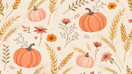 Delicate Pumpkin and Autumn Flower Seamless Pattern
