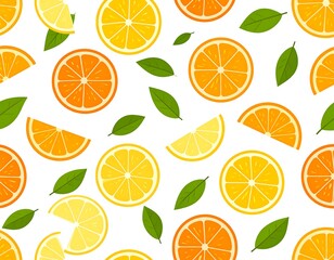 A vibrant arrangement of citrus fruits with green leaves on a white background