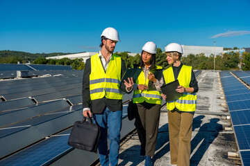 Energy engineers inspecting solar panels for sustainable power