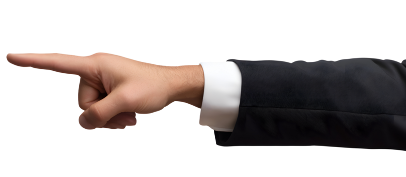 Closeup of a hand in a business suit pointing on a white background