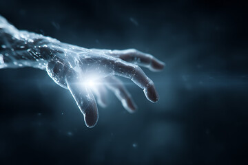 Futuristic technology hand reaching with glowing digital connections, symbolizing innovation and advancement in modern digital age, cutting edge design