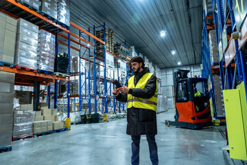 Logistics worker scanning products in cold storage warehouse